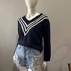 Knit Navy White V-Neck Tenniscore Retro Pullover